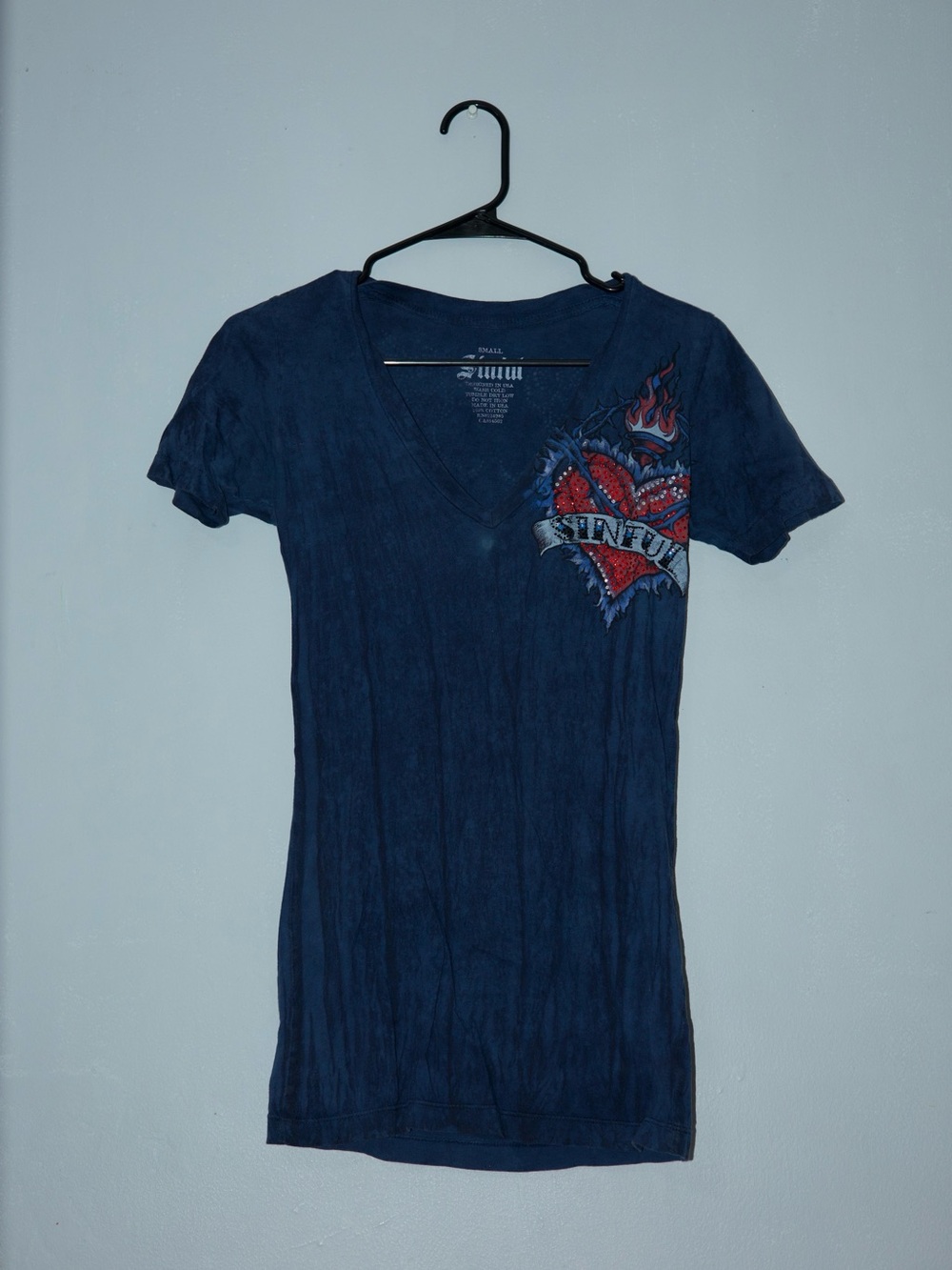 Sinful Navy Blue Tee with Distressed White Logo